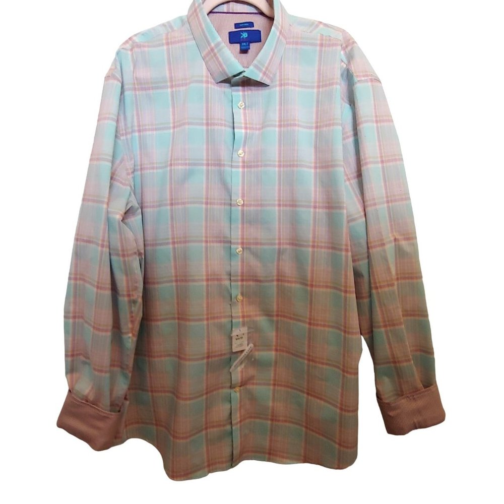 Egara Mens Pink/Mint Green Plaid Flip Contrasting Cuff Button Shirt 3XLT NWT